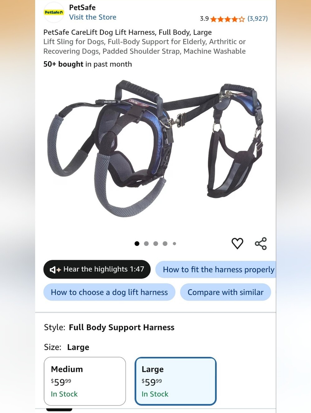 PetSafe Carelift Support Harness (Large Breed)
